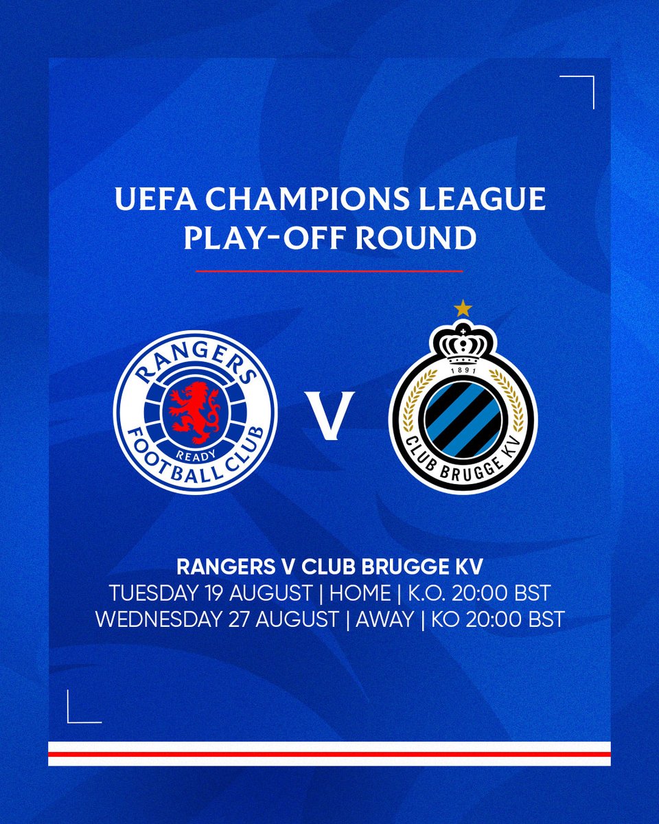 We will play Club Brugge KV in the UEFA Champions League Play-Off.

🏠 First-Leg | Home | Tuesday 19th August | 20:00 BST

🇧🇪 Second-Leg | Away | Wednesday 27th August | 20:00 BST