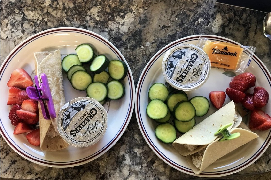 Feeding kids healthy is easier than many people want to admit

My kids (11 &amp; 9) teamed up to make this lunch

Daughter mixes tuna + avocado mayo. Wraps it up.
Son sliced pre-washed cucumbers &amp; strawberries.
Grabbed some yogurts &amp; cheese from the fridge.

Took them less than 10