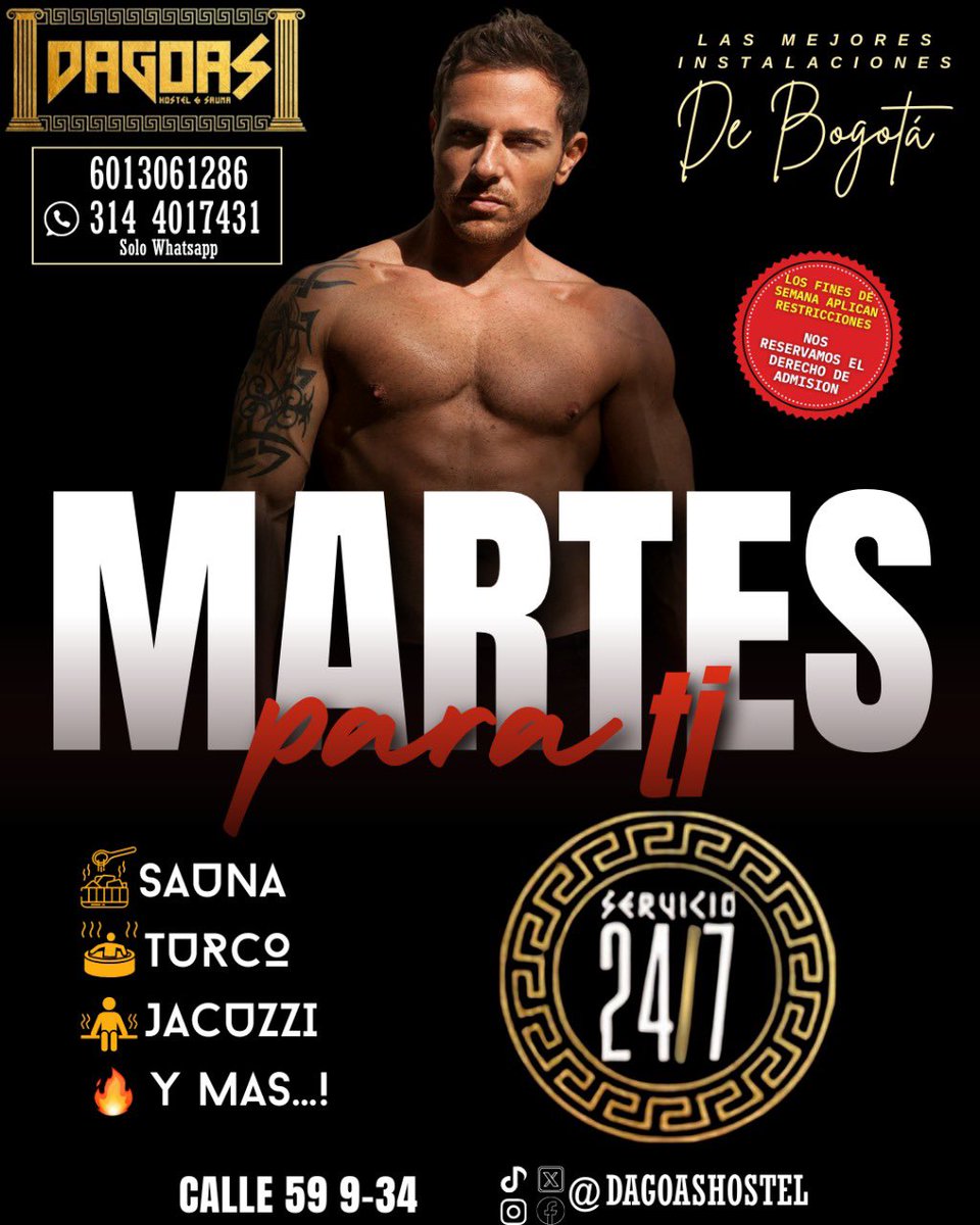 🔥Este martes, la ciudad se pone caliente… y es por ti.
En las mejores instalaciones de Bogotá: sauna, turco, jacuzzi y mucho más
¿Pases de cortesías? ⁣⁣⁣
⁣⁣⁣⁣
✅DEBES SEGUIRNOS  y dar 💙+ 🔁 (retweet) a este tweet y TODOS nuestros posts