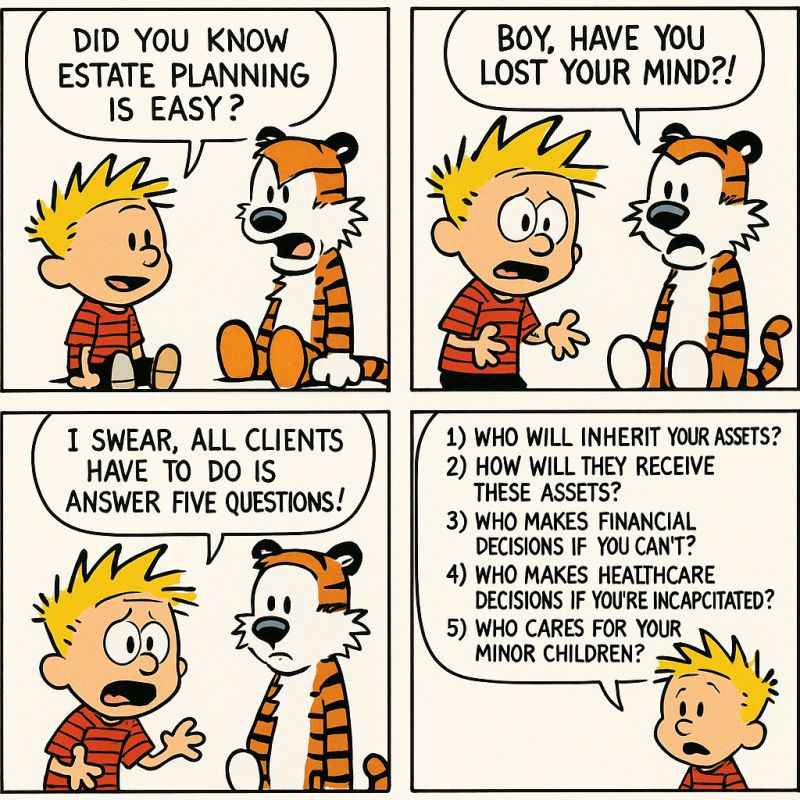 Another Must-Learn Monday coming in hot: did you know your clients just need to answer 5 questions to get their estate plans complete?

1) Who will inherit your assets?

2) How will they receive these assets?

3) Who makes financial decisions if you can't?

4) Who makes