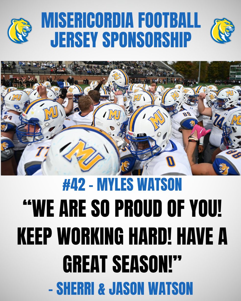 Misericordia University Football (@mucougarsfb) on Twitter photo <a href="/gavinmorris40/">Gavin Morris</a> <a href="/GerhartCasey18/">Casey Gerhart</a> <a href="/Brian_Gow_65/">Brian_Gow_65</a> Thank you to Sherri & Jason Watson for your sponsorship of #42 FY RB Myles Watson (<a href="/MylesWatson29/">Myles Watson</a>)
If you are interested in sponsoring a Jersey click HERE⬇️ misericordia.edu/football-jerse… <a href="/gavinmorris40/">Gavin Morris</a> <a href="/GerhartCasey18/">Casey Gerhart</a> <a href="/Brian_Gow_65/">Brian_Gow_65</a> Thank you to Sherri & Jason Watson for your sponsorship of #42 FY RB Myles Watson (<a href="/MylesWatson29/">Myles Watson</a>)
If you are interested in sponsoring a Jersey click HERE⬇️ misericordia.edu/football-jerse…