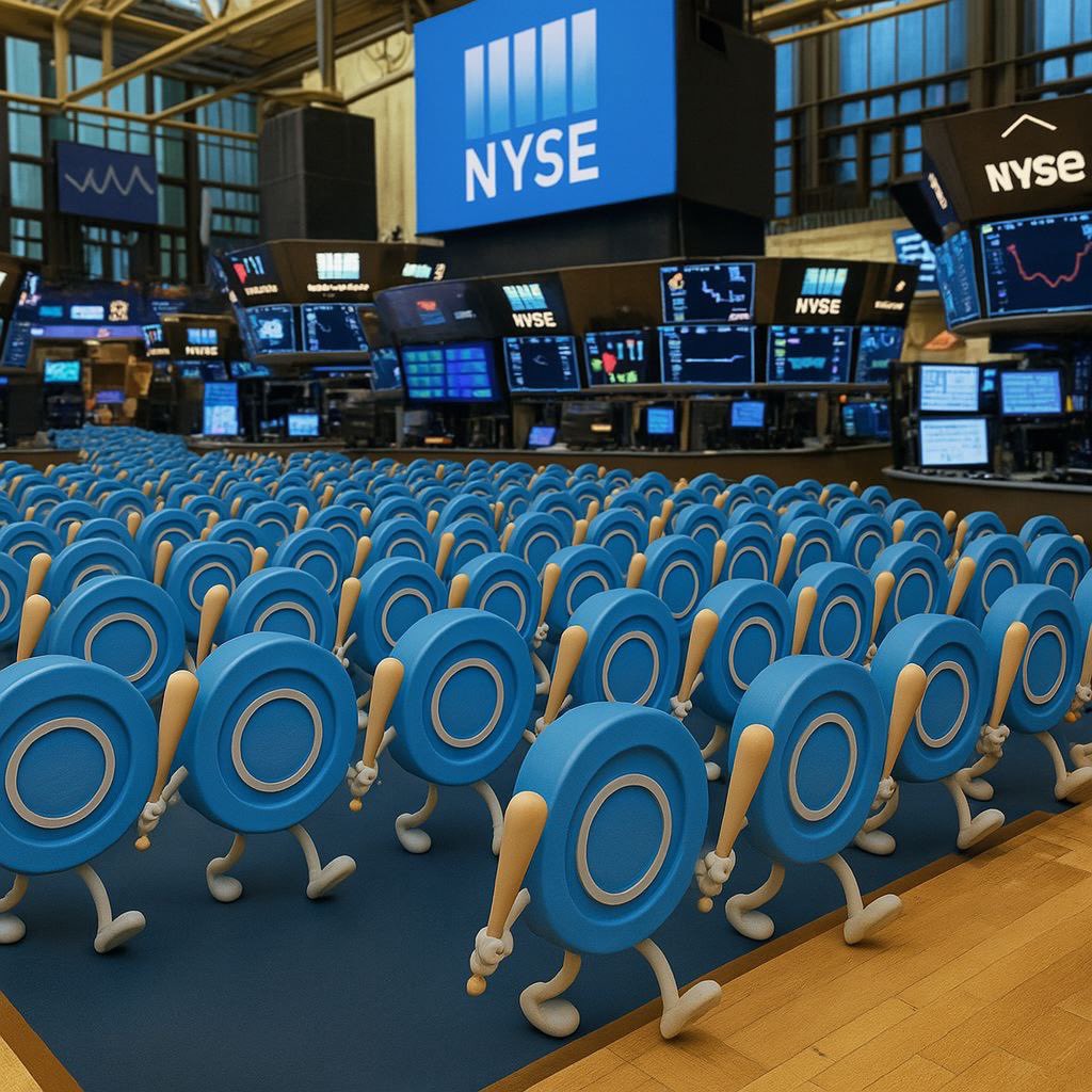 Cartoon blue circle characters marching on the NYSE floor representing the $CRCL meme token