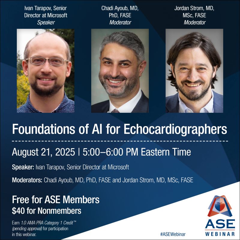 Don't miss this special event - join Chadi Ayoub and I <a href="/ASE360/">American Society of Echocardiography</a> as we discuss foundational principles of #AI with <a href="/Microsoft/">Microsoft</a> AI's Ivan Tarapov (bit.ly/4fvbXZW) next Thursday. <a href="/SmithBIDMC/">BIDMC Smith Center</a> <a href="/ppsengupta1/">Partho P Sengupta</a> <a href="/alfonsowallermd/">Alfonso Waller</a> <a href="/BidmcCvi/">BIDMC CVI</a> <a href="/tabrahammd/">theodoreabraham</a> <a href="/iamritu/">Ritu Thamman MD</a> <a href="/purviparwani/">Dr. Purvi Parwani</a>