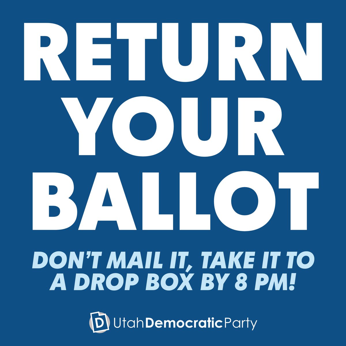 It's municipal primary election day! If you have a primary election in your city, IT'S TOO LATE TO MAIL YOUR BALLOT, so head to a drop box or a polling location by 8 pm today to make sure your voice is heard! Find locations at vote.utah.gov