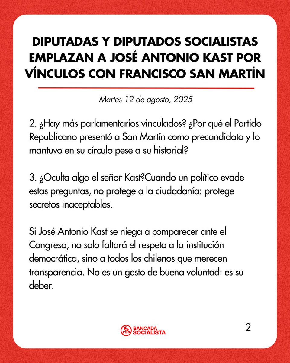 Declaración de la bancada de diputadas y diputados Socialistas sobre el vínculo de José Antonio Kast con Francisco San Martín.
