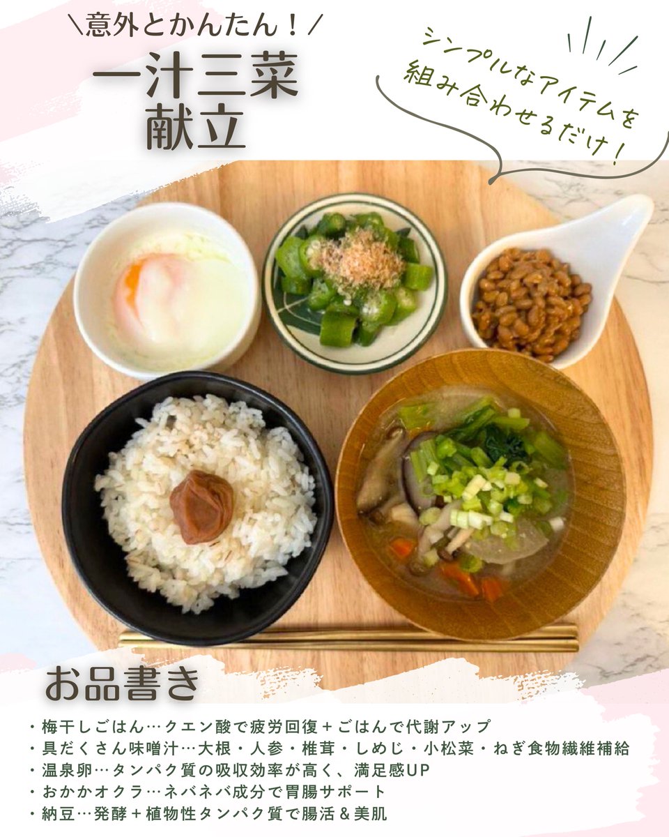 実は簡単だった！組み合わせるだけのシンプルな一汁三菜。普段食べすぎている人は、朝・昼・夜のうち1日1食をこの献立に置き換えてみてね♡