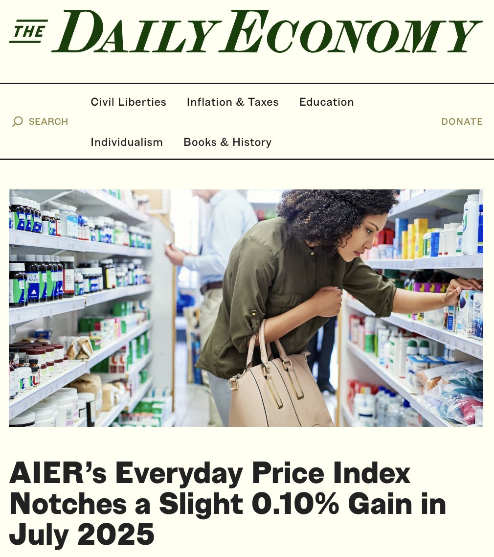 The Daily Economy (@thedailyeconomy) on Twitter photo After a third delay of China tariffs, rising prices, delayed policy effects, and a weakening job market make the Fed’s path to rate cuts uncertain.
Read <a href="/peter_c_earle/">Pete Earle</a> notes on July's Everyday Price Index: thedailyeconomy.org/article/aiers-… After a third delay of China tariffs, rising prices, delayed policy effects, and a weakening job market make the Fed’s path to rate cuts uncertain.
Read <a href="/peter_c_earle/">Pete Earle</a> notes on July's Everyday Price Index: thedailyeconomy.org/article/aiers-…