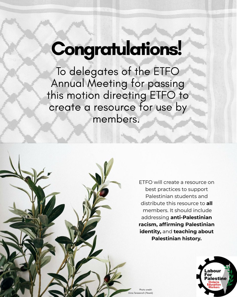 BREAKING: #ETFO passed a motion to create a resource supporting Palestine and families experiencing genocide.

Congratulations <a href="/ETFOeducators/">Elementary Educators</a>!

Now, let's stop this genocide. Tell <a href="/CanadianLabour/">Canadian Labour</a> to declare Israeli goods &amp; services Hot Cargo.

<a href="/PalestineLabour/">Labour for Palestine</a> #onted