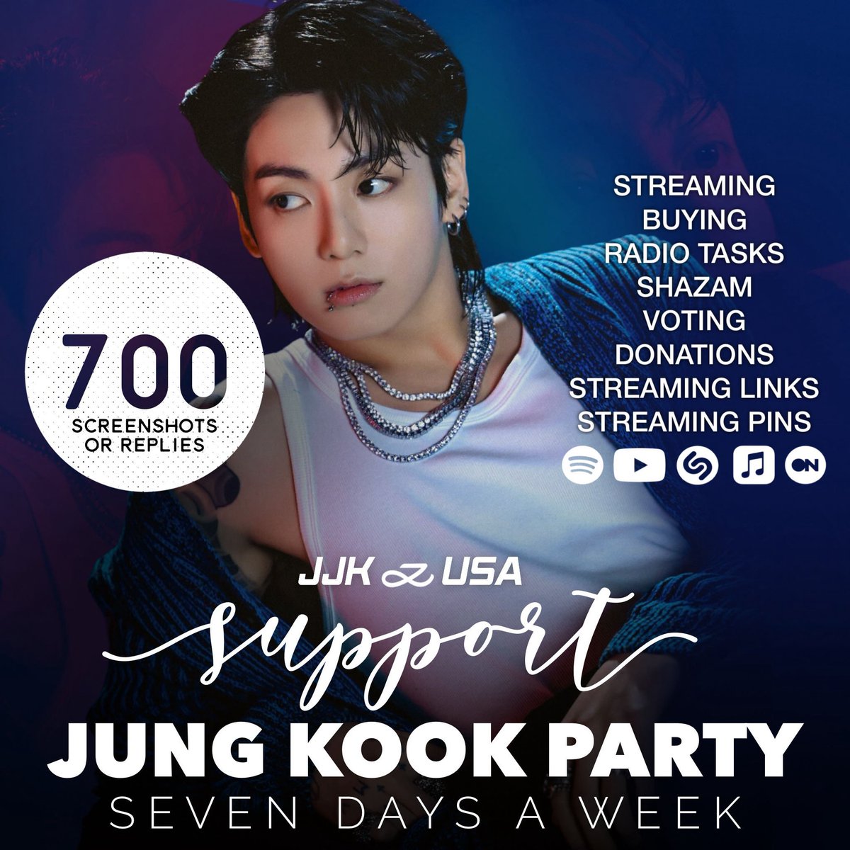 📀SUPPORT •JUNGKOOK• DAILY PARTY📀

🎯 GOAL:  700 screenshots or replies in 6 hours ‼️

We need to support Jungkook in all areas! DROP *NEW* screenshots or replies from: 
• Streaming 
• Buying (receipts)
• Radio tasks
• Shazam
• Votes
• Donations to GU 
• Streaming pins