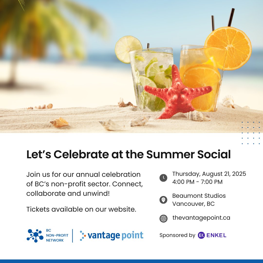 🎊 Just over a week to go! Celebrate BC’s non-profits with us on Aug 21 at our 2025 Summer Social. Tix still available: ow.ly/fj3M50WgZm3 

Thank you to our event sponsor, Enkel, for helping make this celebration possible.