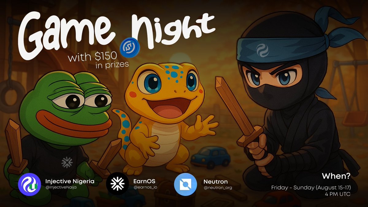🎮  <a href="/neutron_org/">Neutron 🔀</a> x <a href="/earnos_io/">EarnOS</a> x <a href="/InjectiveNaija/">INJECTIVE NIGERIA 🇳🇬🥷</a>  joint GAME NIGHT

Hey gamers! We’re thrilled to announce a 3-day cross-community gaming event with $150 prize pool by Injective Nigeria, EarnOS, and Neutron communities.

📅 When &amp; Where?
August 15–17, every day at 4:00 PM UTC on