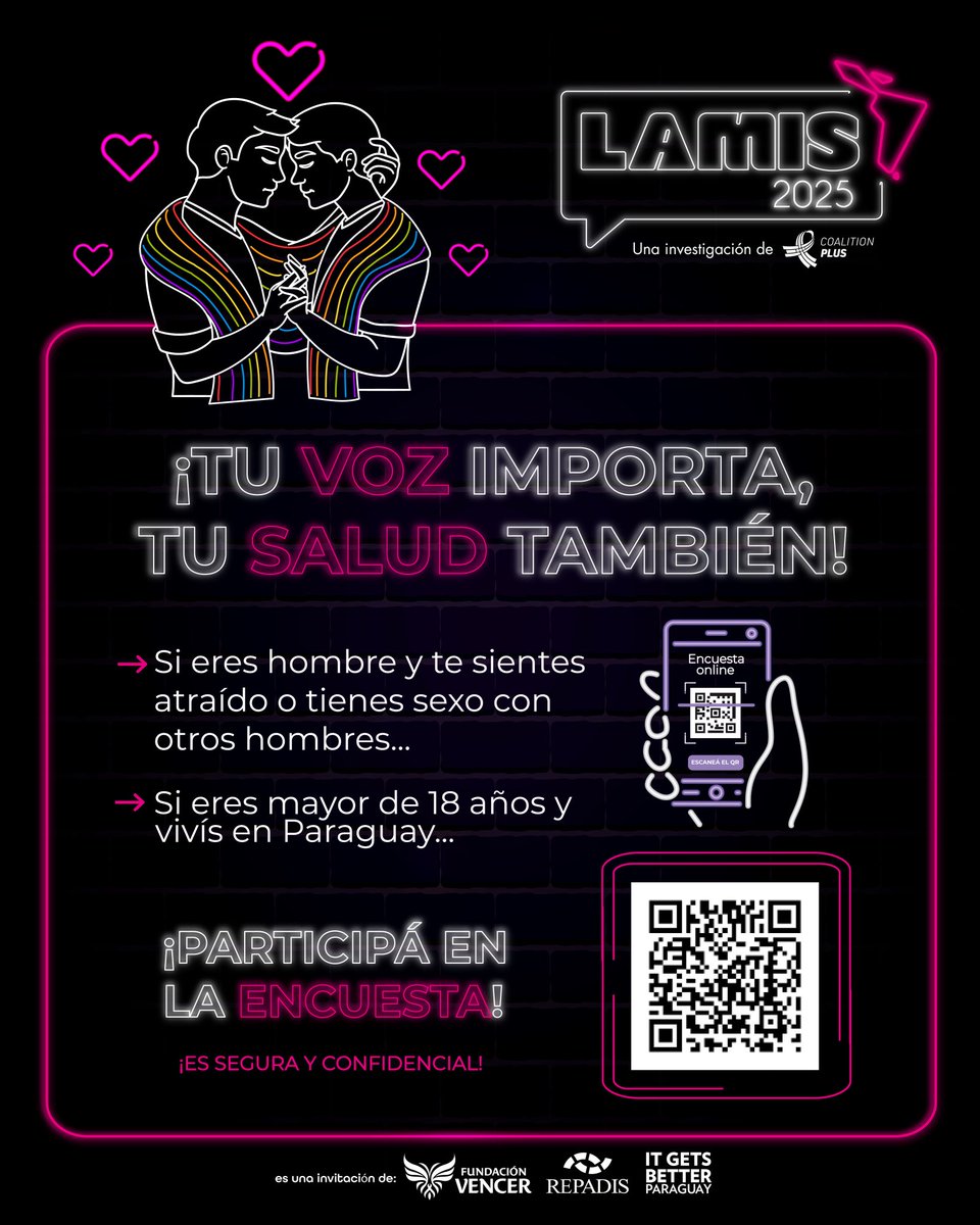 repadispy's tweet image. 🌈 Estamos haciendo historia y Paraguay no puede faltar.
 📋 LAMIS 2025 es una encuesta sobre salud sexual hecha para hombres gays, bisexuales y otros hombres que tienen sexo con hombres en 24 países.
 📲 participa aca redcap.igtp.cat/launch.php?tar… @FundacionVencer @ItGetsBetterPy