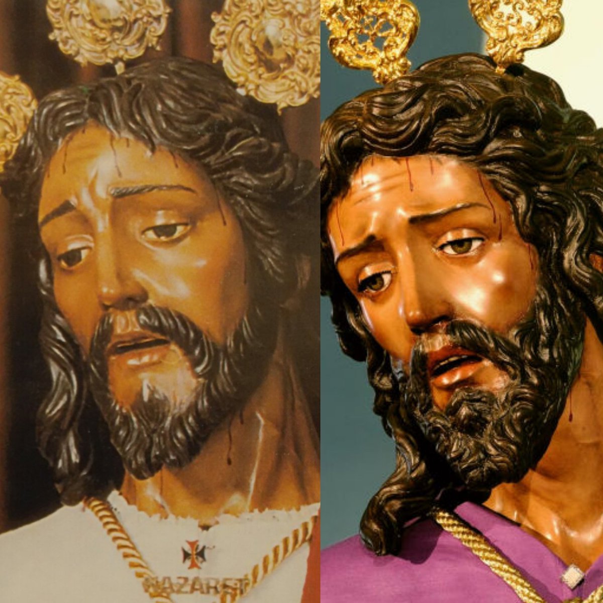 El antes y el después de Jesús de Nazaret de la <a href="/HdadPinoMontano/">Hdad. Pino Montano</a>, tal y como fue tallado por Fernando Castejón en 1989 y tras la remodelación que le acometió el mismo autor en 2002.