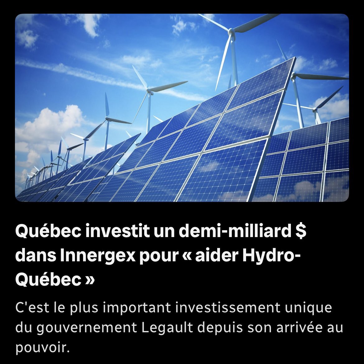 Le gouvernement Legault annoncera demain qu’il achète 500 millions $ d’actions de la compagnie d’énergie verte Innergex pour protéger les intérêts québécois et aider Hydro-Québec. C’est un investissement de l’ampleur de ceux dans Northvolt et Nemaska. ici.radio-canada.ca/nouvelle/21850…