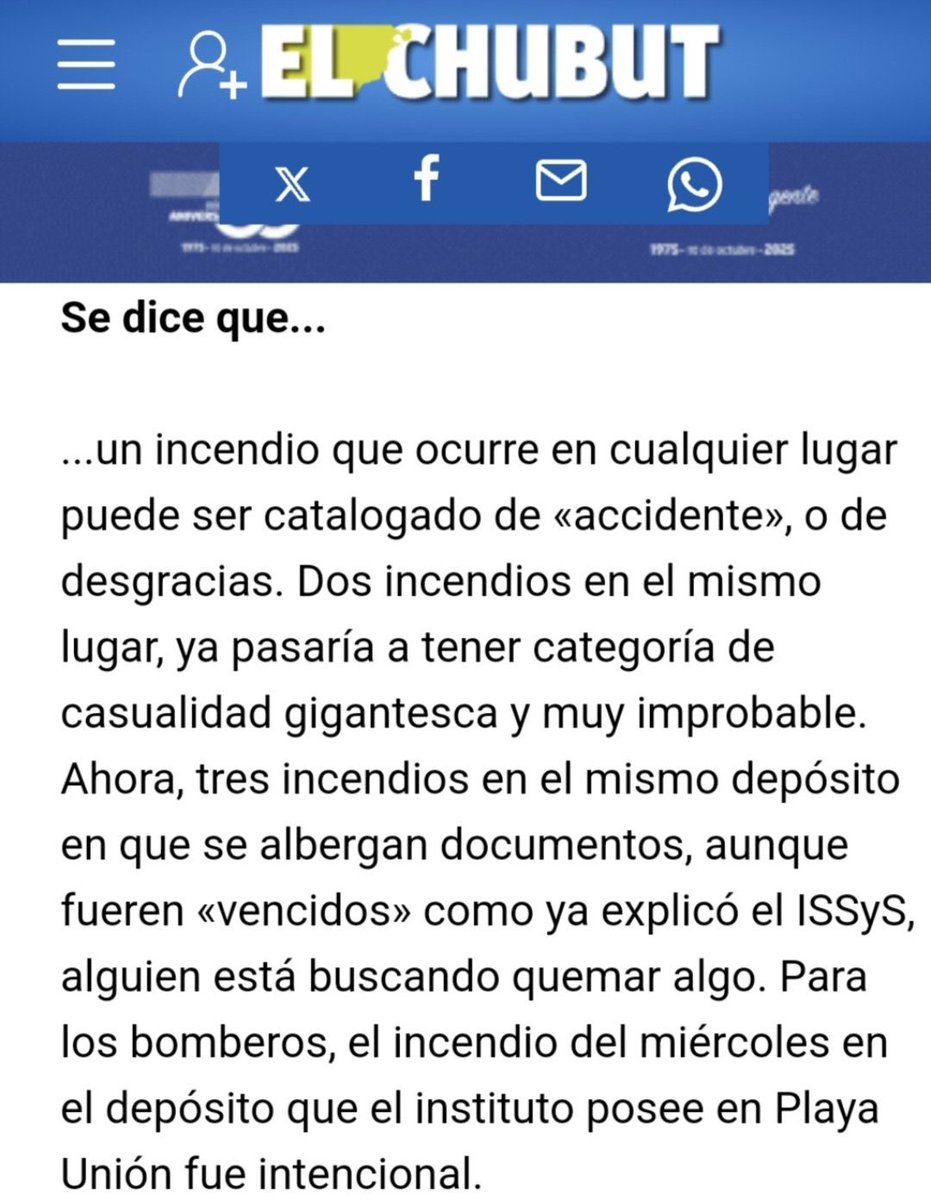 BomberoChubut (@bombero_chubut) on Twitter photo PARA LOS BOMBEROS, EL INCENDIO del miércoles en el depósito que el ISSyS que posee en PlayaUnión FUE INTENCIONAL"
<a href="/gobiernochubut/">Gobierno del Chubut</a>
<a href="/NachoTorresCH/">Nacho Torres</a>
<a href="/bomberosRA/">Bomberos Argentina</a>
<a href="/MuniRawson/">Municipalidad Rawson</a>
@BBVVRawson
<a href="/vanesamolinafde/">Bombera 51 🌲🔥🚒</a>
<a href="/NdBomberos/">Noticias de Bomberos</a>
<a href="/BBVVDolavon/">Bomberos Voluntarios Dolavon</a> PARA LOS BOMBEROS, EL INCENDIO del miércoles en el depósito que el ISSyS que posee en PlayaUnión FUE INTENCIONAL"
<a href="/gobiernochubut/">Gobierno del Chubut</a>
<a href="/NachoTorresCH/">Nacho Torres</a>
<a href="/bomberosRA/">Bomberos Argentina</a>
<a href="/MuniRawson/">Municipalidad Rawson</a>
@BBVVRawson
<a href="/vanesamolinafde/">Bombera 51 🌲🔥🚒</a>
<a href="/NdBomberos/">Noticias de Bomberos</a>
<a href="/BBVVDolavon/">Bomberos Voluntarios Dolavon</a>