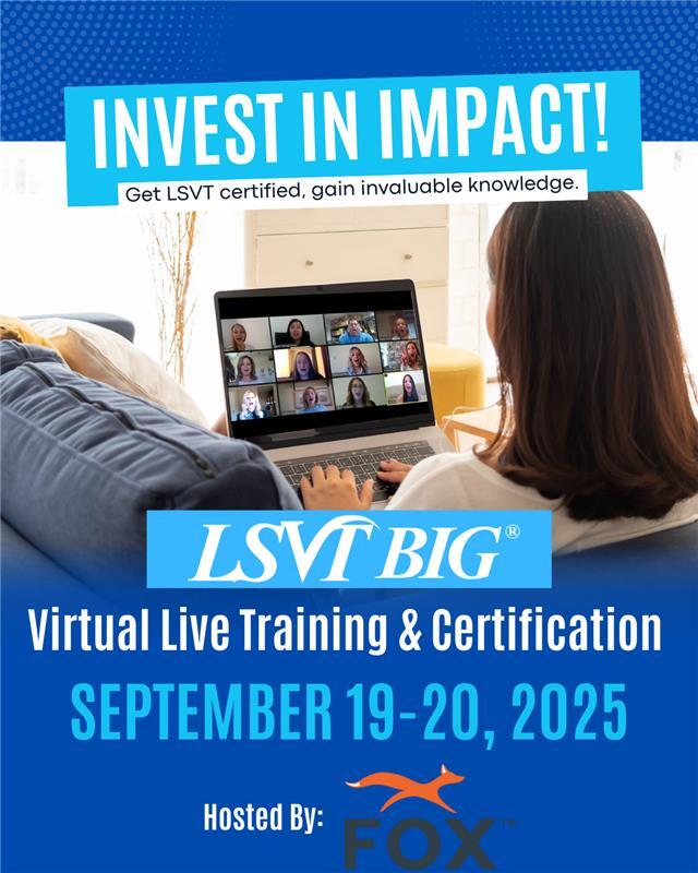 As the academic year kicks off, it's the perfect time to invest in your professional growth! 🎓
Join us for the LSVT BIG Virtual Live Certification Course on September 19-20.
Enroll today! hubs.ly/Q03Cspmn0 
#LSVTBIG #ParkinsonsDisease #PhysicalTherapy #OccupationalTherapy