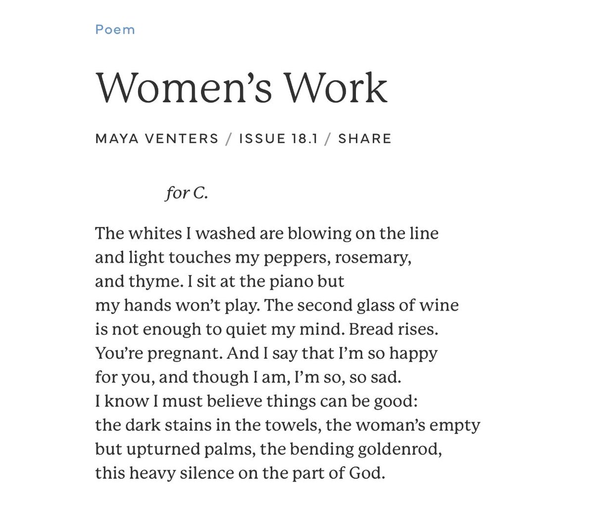 Maya Venters (@mayaventers) on Twitter photo I’m pleased to have three poems in the latest issue of <a href="/LM_ALSCW/">Literary Matters</a>. Here’s my favourite of the three. I’m very grateful to the editors for giving it a home.
Be sure to check out the full issue! It’s jam-packed with wonderful writing:
literarymatters.org/issue-18-1/ I’m pleased to have three poems in the latest issue of <a href="/LM_ALSCW/">Literary Matters</a>. Here’s my favourite of the three. I’m very grateful to the editors for giving it a home.
Be sure to check out the full issue! It’s jam-packed with wonderful writing:
literarymatters.org/issue-18-1/