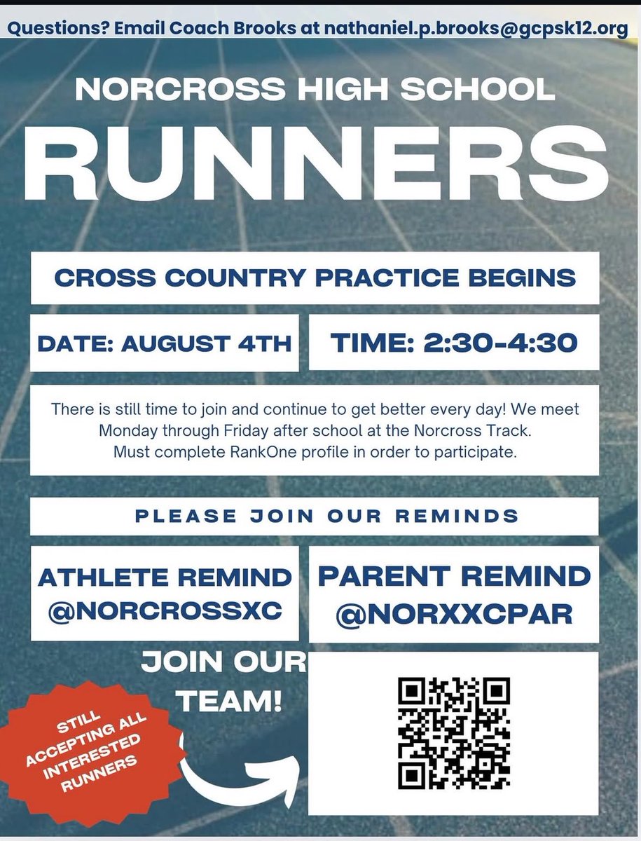 Laura Freeman (@_coachfreeman) on Twitter photo For any athletes interested in trying out for <a href="/norxhighsoccer/">Norcross High Soccer</a> this spring (esp girls!) this is a great way to get in shape….several of our returning varsity and jv players are part of xc! Go see Coach Brooks if you’re interested. <a href="/NorxAthletics/">Norcross Athletics</a> For any athletes interested in trying out for <a href="/norxhighsoccer/">Norcross High Soccer</a> this spring (esp girls!) this is a great way to get in shape….several of our returning varsity and jv players are part of xc! Go see Coach Brooks if you’re interested. <a href="/NorxAthletics/">Norcross Athletics</a>