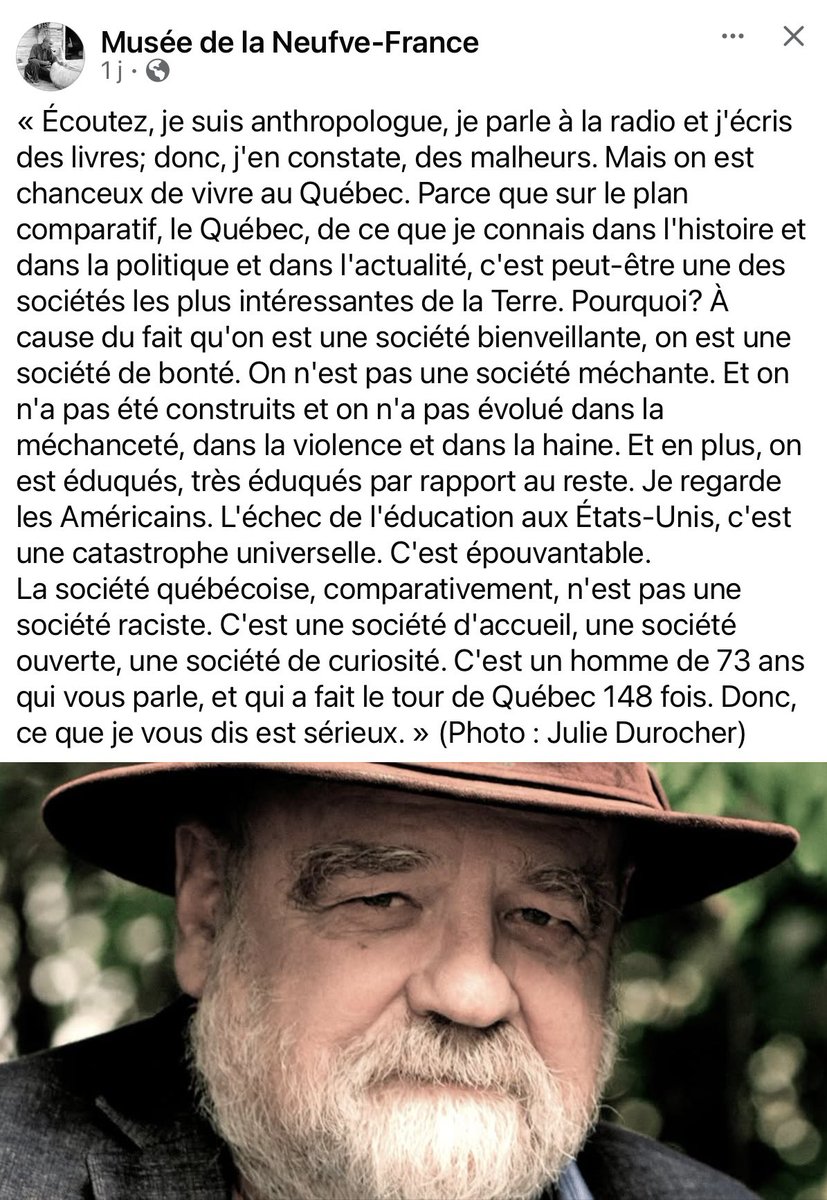 « C’est un homme de 73 ans qui vous parle et qui a fait le tour du Québec 148 fois »
- Serge Bouchard, décédé le 11 mai 2021 soit 2 mois avant ses 74 ans. 
#JeMeSouviens 💙⚜️💙