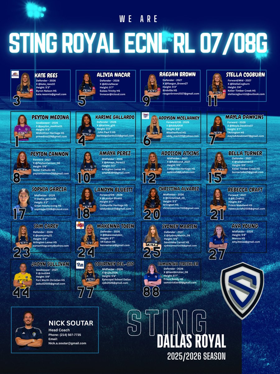 Sting Dallas Royal ECNL-RL 08G (@royal08g) on Twitter photo Meet your 2025-2026 Sting Royal ECNL-RL 08G Soutar Team!
This is going to be a very exciting year! 💙
<a href="/NickSoutar/">Nick Soutar</a> <a href="/StingSoccerClub/">Sting Soccer Club</a> <a href="/ImCollegeSoccer/">College Soccer Truth ™</a> <a href="/ImYouthSoccer/">ECNL/GA/Recruiting/College Soccer</a> <a href="/TheSoccerWire/">SoccerWire</a> <a href="/TopDrawerSoccer/">TopDrawerSoccer</a> <a href="/MaxPreps/">MaxPreps</a> <a href="/TopPreps/">SPORTS NEWS, VIDEOS, GRAPHICS, EXPOSURE & MORE</a> <a href="/PrepSoccer/">Prep Soccer ⚽️</a> <a href="/GMsportsmedia1/">GM Sports Media</a> <a href="/EcnlTexas/">ECNL Girls Texas Conference</a> <a href="/ECNLgirls/">ECNL Girls</a> Meet your 2025-2026 Sting Royal ECNL-RL 08G Soutar Team!
This is going to be a very exciting year! 💙
<a href="/NickSoutar/">Nick Soutar</a> <a href="/StingSoccerClub/">Sting Soccer Club</a> <a href="/ImCollegeSoccer/">College Soccer Truth ™</a> <a href="/ImYouthSoccer/">ECNL/GA/Recruiting/College Soccer</a> <a href="/TheSoccerWire/">SoccerWire</a> <a href="/TopDrawerSoccer/">TopDrawerSoccer</a> <a href="/MaxPreps/">MaxPreps</a> <a href="/TopPreps/">SPORTS NEWS, VIDEOS, GRAPHICS, EXPOSURE & MORE</a> <a href="/PrepSoccer/">Prep Soccer ⚽️</a> <a href="/GMsportsmedia1/">GM Sports Media</a> <a href="/EcnlTexas/">ECNL Girls Texas Conference</a> <a href="/ECNLgirls/">ECNL Girls</a>