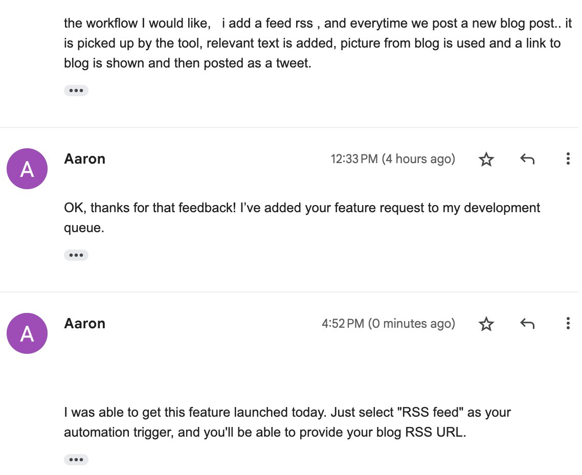 codeconda's tweet photo. 12:22pm - customer requests @flowpostai feature: automatic AI-written tweet for every new blog post
4:52pm - feature live
4:53pm - happy customer 😀 https://t.co/SS8o12PesF