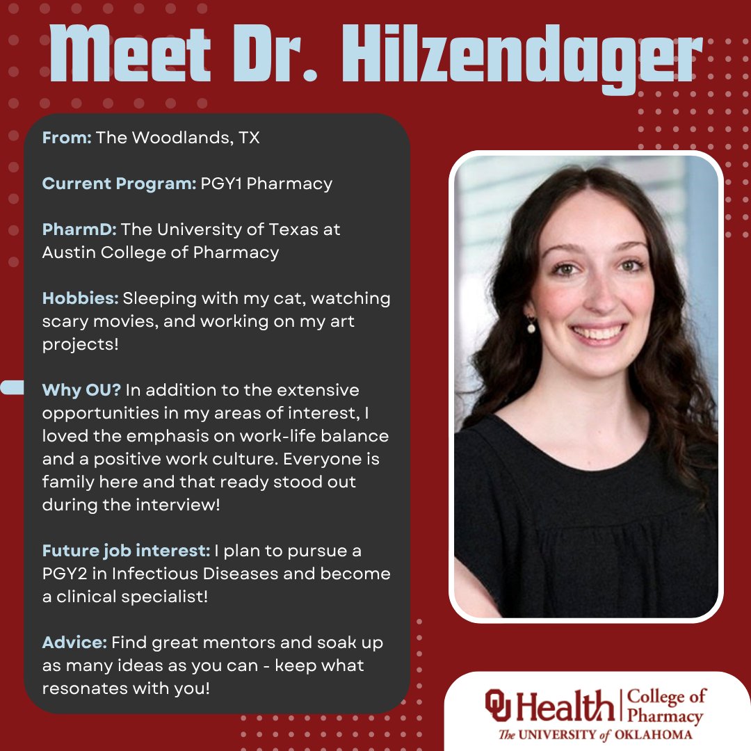 🌟 Resident Spotlight 🌟
Kicking off our resident spotlight series with Dr. Sarah Hilzendager, PGY1 Pharmacy Resident! We’re thrilled to have her as part of the OU Pharmacy Residency Program and look forward to all she’ll accomplish this year!
#OUPharmacyResidency