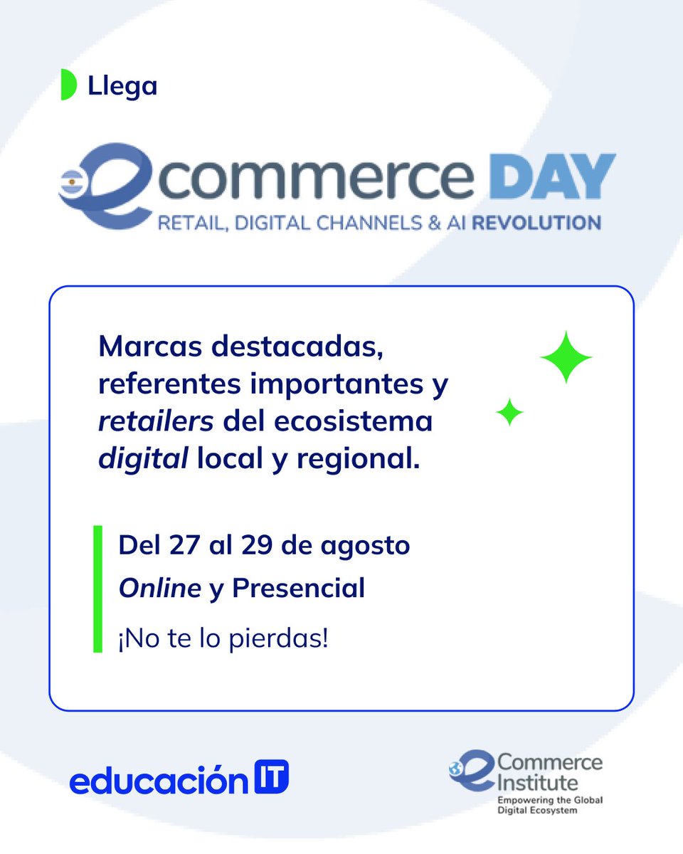 EducacionIT's tweet photo. ¡Llega el eCommerce Day Argentina! 🌐

El evento más importante del mundo retail en formato presencial y online. 📍💻

Descubre las tendencias y estrategias que utilizan los referentes de la industria.

¿Te lo vas a perder?  https://t.co/1NdAtdsEOj

#eCommerceDay #Argentina https://t.co/zdnukZytha