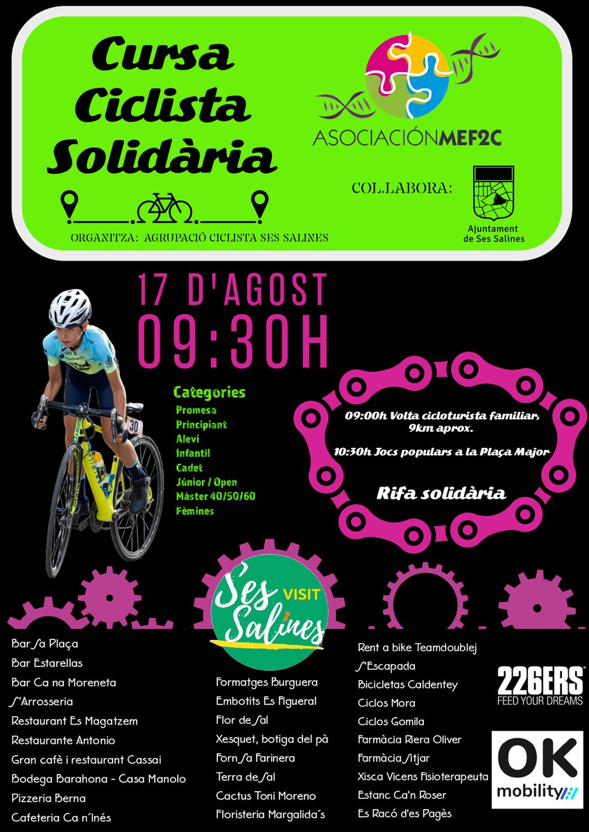 PRÓXIMAS COMPETICIONES
14 de agosto
"TROFEU FESTES MARE DE DEU D'AGOST"
Puntuable Challenge de Fémines
Puntuable Challenge d'Estiu Grupo Miralles Palfinger
Campos - Mallorca
Modalidad: Circuito Urbano
Organiza: Ciclista Blahi Unión

Más INFO en Instagram y Facebook.