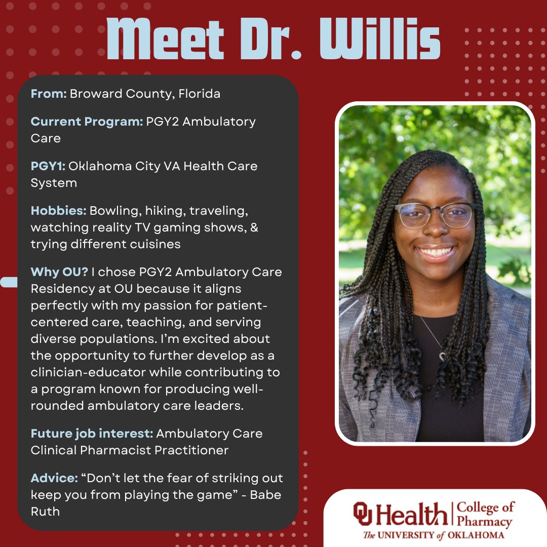 🌟 Resident Spotlight 🌟
Meet Dr. Moriah Willis, PGY2 Ambulatory Care Pharmacy Resident! We’re excited to have her as part of the OU Pharmacy Residency Program and can’t wait to see the impact she’ll make this year!
#OUPharmacyResidency #PharmacyResidency #ResidentSpotlight