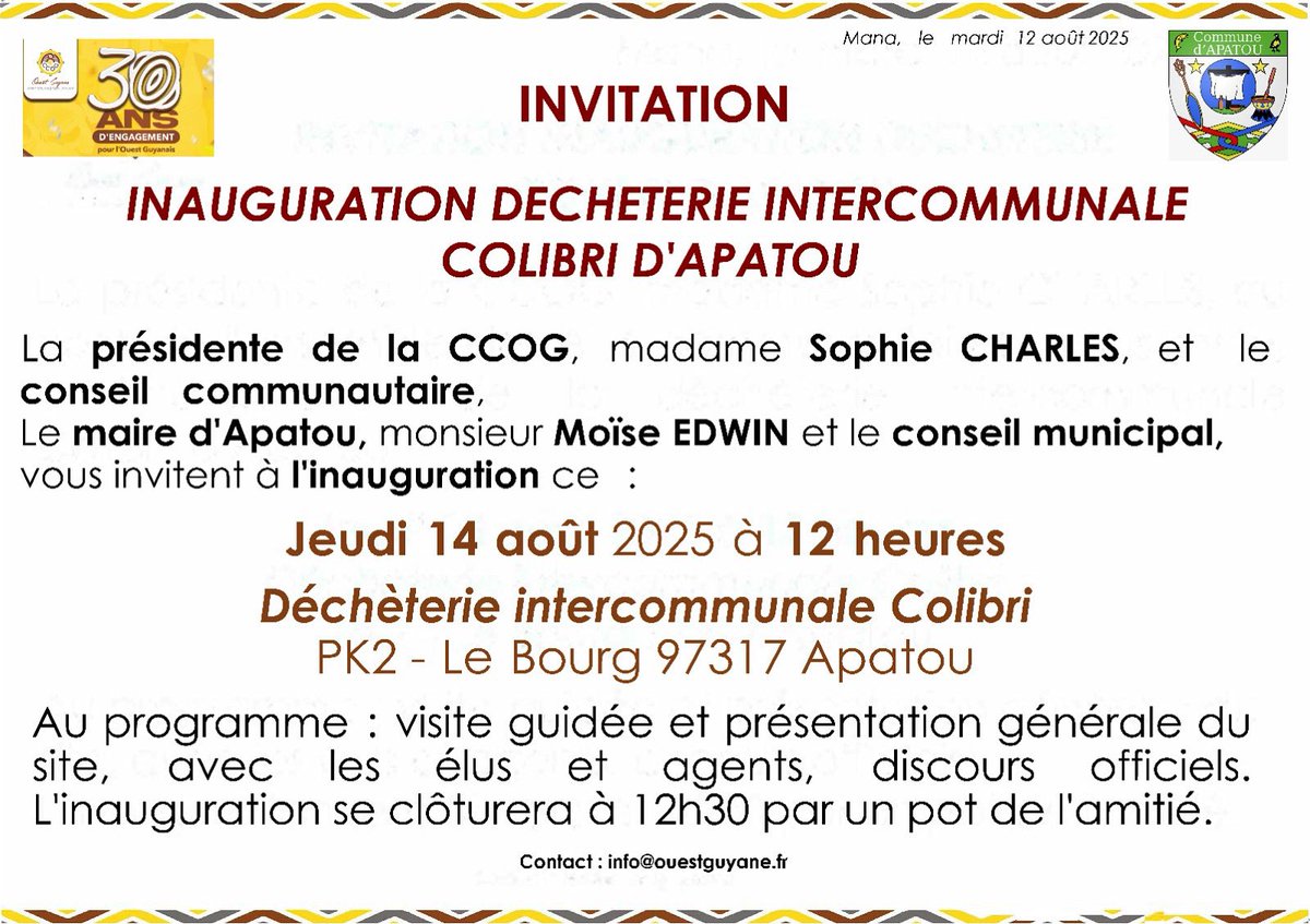 🌟 #OuestGuyane : inauguration officielle de la déchèterie intercommunale Colibri d’Apatou
📅 Jeudi 14 août 2025
🕛 12 heures
📍PK2 au bourg d'Apatou
🔹 Au programme : visite guidée, discours et rencontre avec les élus et agents
📢 Tous ensemble pour un territoire propre