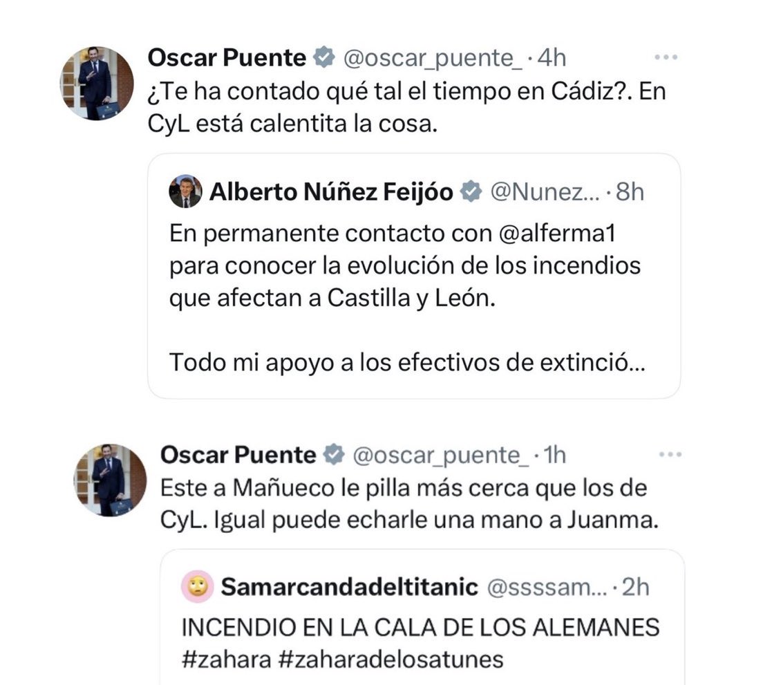 Guillermo Díaz 🇪🇸 (@guillermodiazcs) on Twitter photo 2 muertos, varios heridos, miles de hectáreas arrasadas, profesionales jugándose la vida contra el fuego y el fantoche, inútil, faltón, responsable del desastre en Renfe haciendo bromitas.
<a href="/oscar_puente_/">Oscar Puente</a> ,eres un miserable. 2 muertos, varios heridos, miles de hectáreas arrasadas, profesionales jugándose la vida contra el fuego y el fantoche, inútil, faltón, responsable del desastre en Renfe haciendo bromitas.
<a href="/oscar_puente_/">Oscar Puente</a> ,eres un miserable.