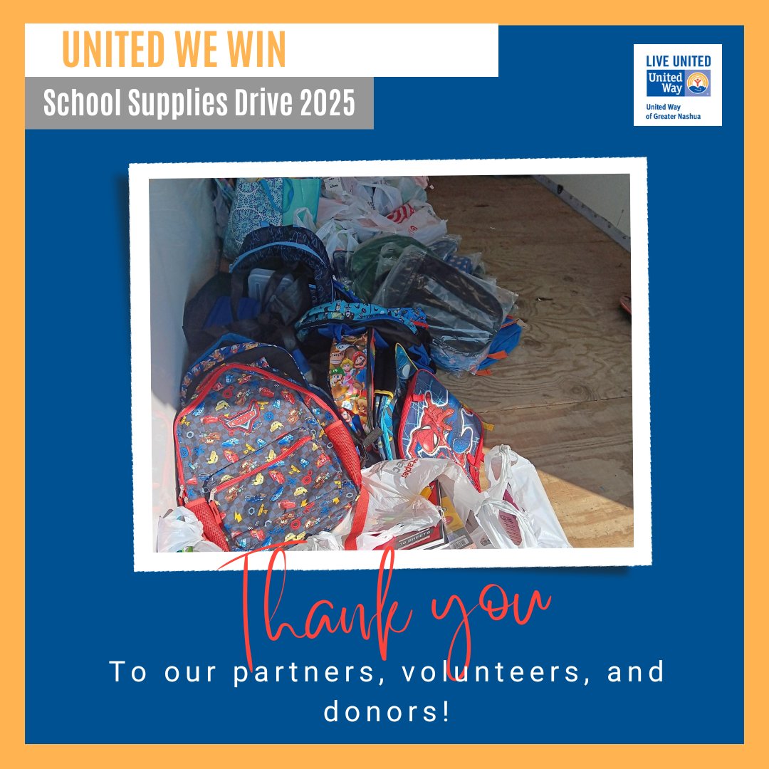 This is just part of what we collected for our School Supplies Drive thanks to our community! A huge thank you to Staples in Nashua &amp; Amherst, our
volunteers, and a special shout-out to the Merrimack office of Farmer's Insurance for their massive contribution.