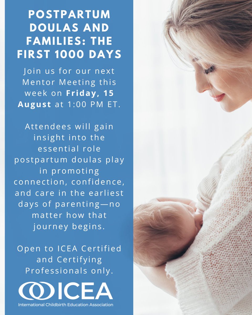 Are you registered for ICEA's upcoming mentor meeting yet? Don't miss out!

"Postpartum Doulas and Families: The First 1000 Days" is this Friday, 15 August, at 1:00 PM ET! 

👉Register now - link is in your email associated with ICEA!
