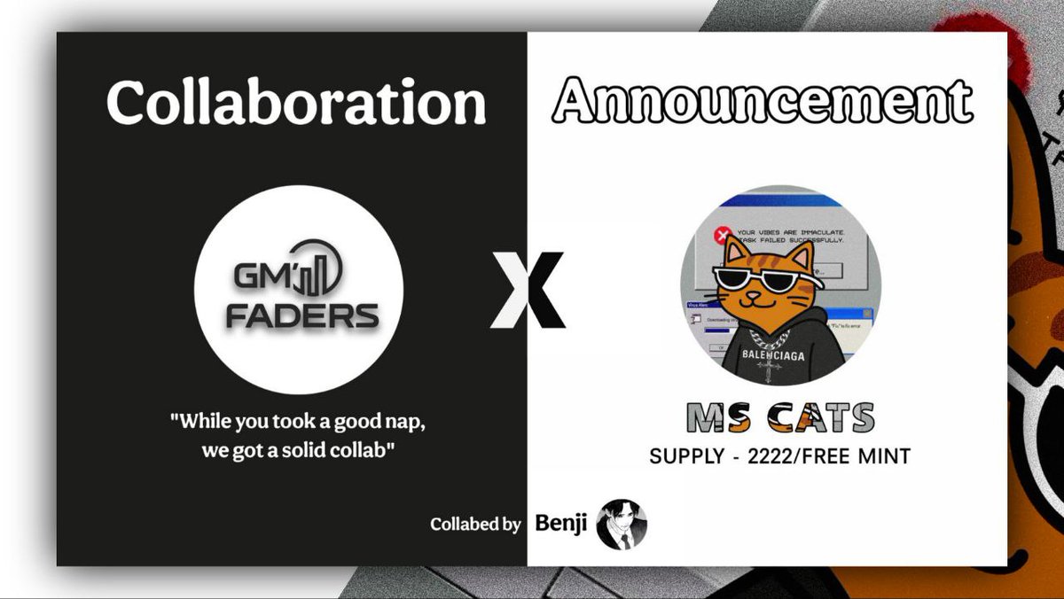 Collaboration : 𝐆𝐦𝐅𝐚𝐝𝐞𝐫 𝐗 𝐌𝐒 𝐂𝐀𝐓𝐒 | Freemint

10 Spots Giveaway 🎉🎁
Supply - 2222 

To Enter
✅ Follow <a href="/GmFader/">ＧｍＦＡＤＥＲ</a> &amp; <a href="/mscatscult/">MS CATS | FREE MINT</a> 
✅ Like &amp; Retweet this Tweet 
✅ Drop Wallet Address

Winners will be announced in 18 hours | Good luck