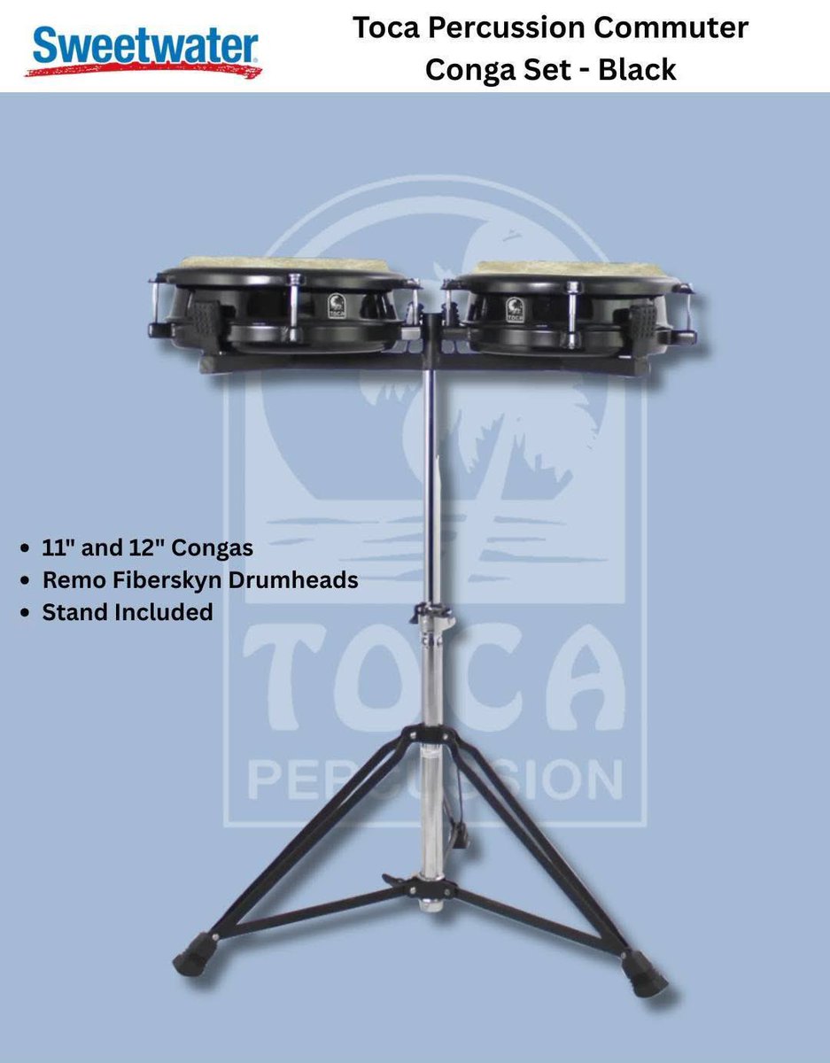 Toca Percussion Commuter Conga Set - Black now available at Sweetwater

-11" and 12" Congas 
-Remo Fiberskyn Drumheads 
-Stand Included 

sweetwater.com/store/detail/T…