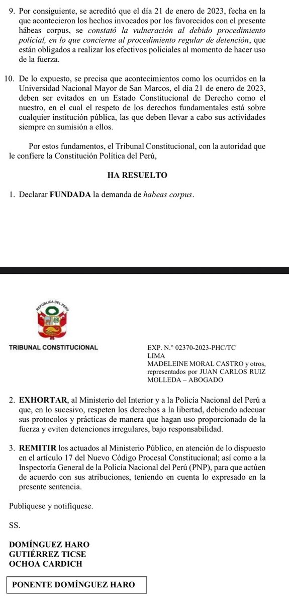 Se declara fundado el pedido de protección Habeas Corpus, en favor de quienes fueron detenidos en UNMSM en enero 2023. 
Considera que la sustracción de la materia no subsana el uso indebido de la fuerza y se remite copia al Ministerio Público