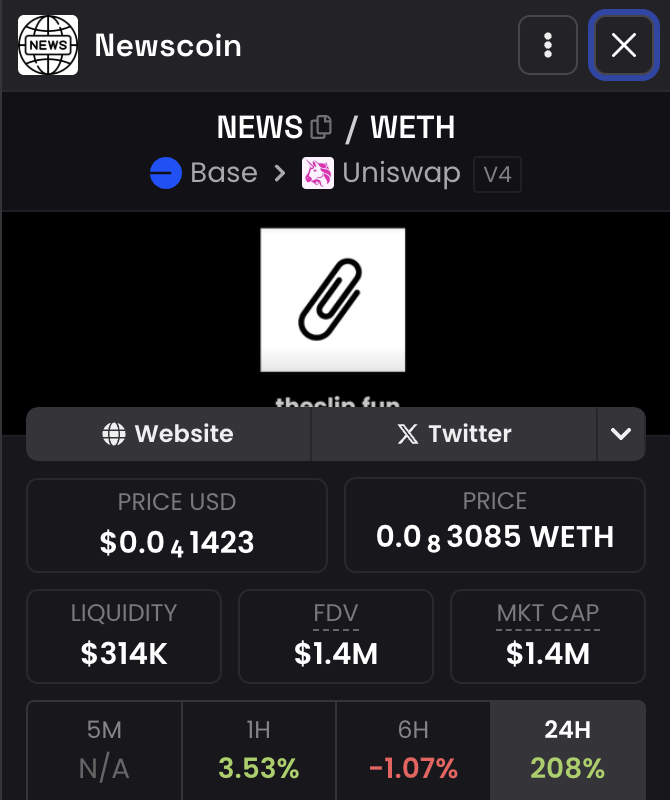 $NEWS has gained 200% in the last 24 hours .

The fun way to spread $NEWS memecoin ?  Tokenize news on Clip.

Public Safety Notice:
1. $NEWS has no intrinsic value, utility, or expectation of profit. It is purely for entertainment and community engagement.
2. Do your own