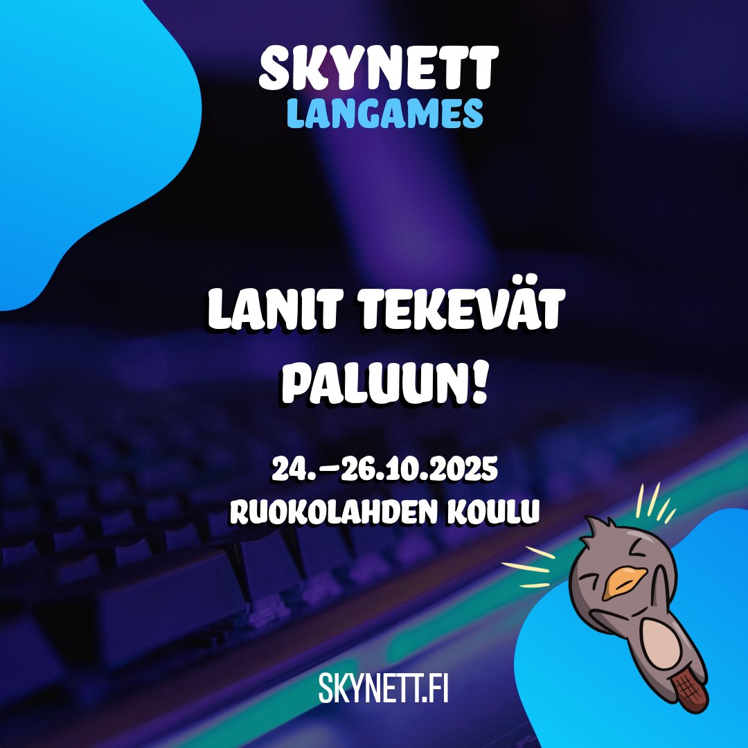 Skynyt tekee paluun! 🎮
24.-26.10.2025 Ruokolahden koulu muuttuu viikonlopun ajaksi lanihalliksi.

Kasaa kaveriporukka, tuo oma kone tai konsoli ja sukella mukaan pelitunnelmaan!

Liput myynnissä nyt👉skynett.fi
#SkynettLAN #lanit #Ruokolahti #esportsfi #eteläkarjala