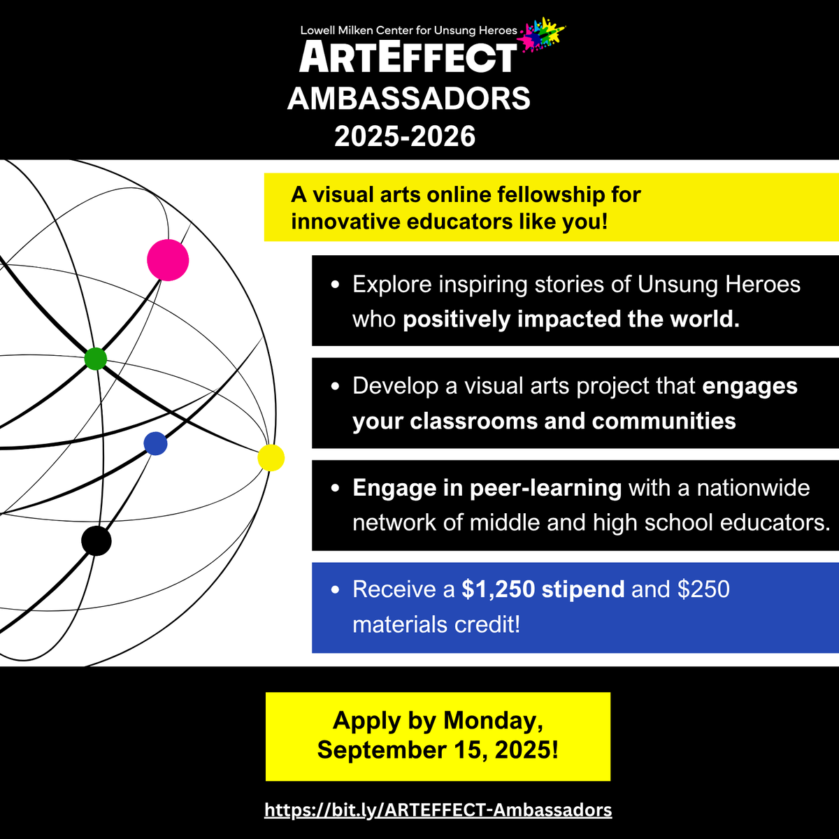 The ARTEFFECT Ambassadors fellowship is now inviting applications for its online fellowship for educators working directly with students in grades 6-12 to foster the visual arts / arts-integration. Ambassadors learn alongside other high-level practitioners through visual