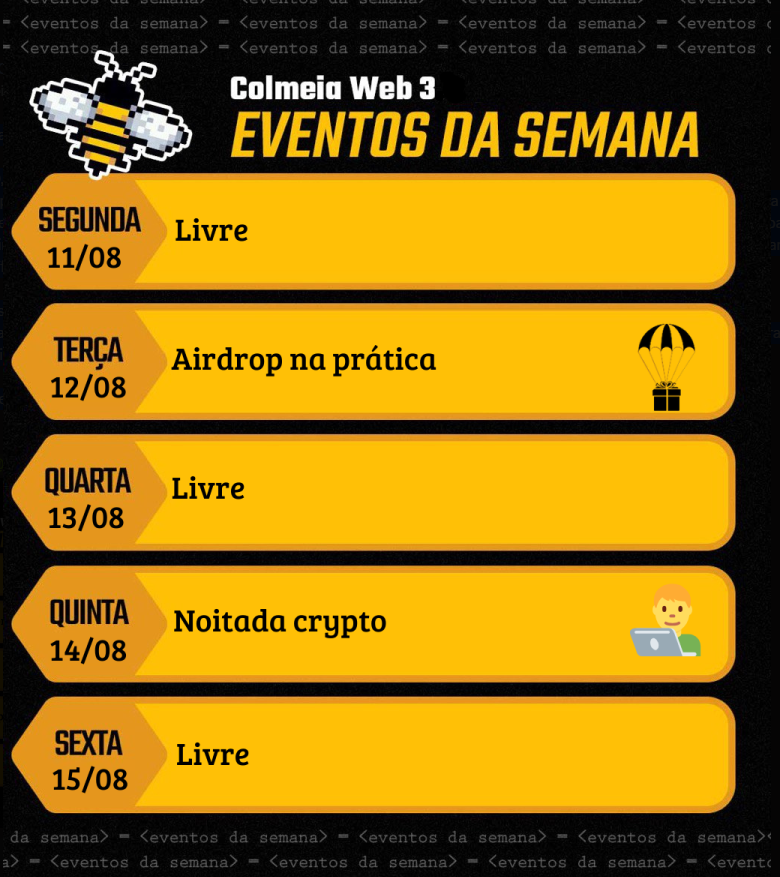 Abaixo segue nossa agenda semanal: 👇 

📍 Hoje, às 20h30, teremos uma call de AirDrops!
Existem diversas oportunidades nesse mercado, e muitas delas permitem que você utilize suas stables paradas ou ativos de hold para render e trabalhar a seu favor. O foco de hoje será a
