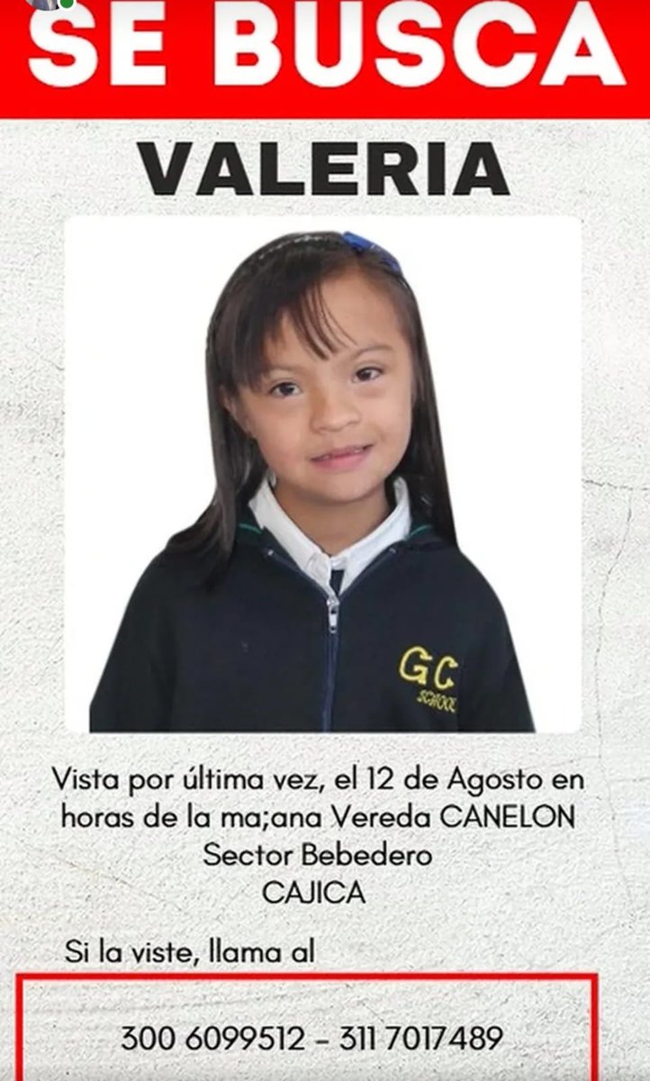 Mafe Guerrero (@mafeguerrero78) on Twitter photo Por favor <a href="/MONYRODRIGUEZOF/">MÓNICA RODRÍGUEZ 🐤</a> ayúdame a difundir, se perdió Valeria en el sector de Canelon en Cajicá /Cundinamarca el día de hoy 12 de agosto, porta el uniforme del Gimnasio Los Laureles.
Agradezco a todos difundir. 😣😟 Por favor <a href="/MONYRODRIGUEZOF/">MÓNICA RODRÍGUEZ 🐤</a> ayúdame a difundir, se perdió Valeria en el sector de Canelon en Cajicá /Cundinamarca el día de hoy 12 de agosto, porta el uniforme del Gimnasio Los Laureles.
Agradezco a todos difundir. 😣😟