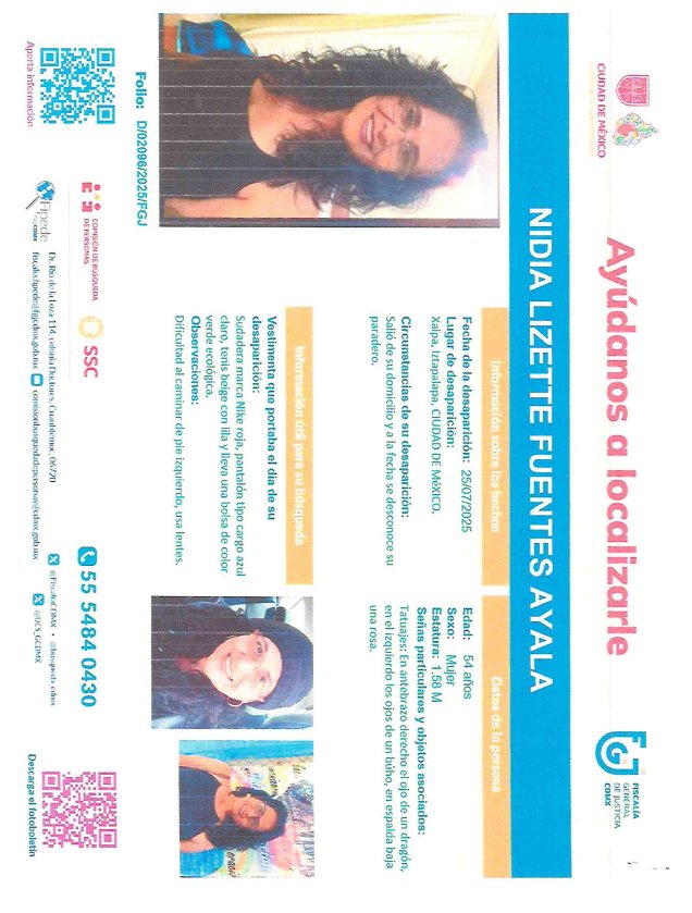 DiversidadCDMX's tweet photo. 🟣Pedimos tu apoyo para localizar a: "Nidia Lizette Fuentes Ayala", se le vió por última vez el día 25 de julio 2025 en Xalpa @Alc_Iztapalapa. 
Si le ves o sabes que está bien, comunícate al teléfono: ☎️55-54840430. 

¡Ayúdanos a compartir la información! https://t.co/GPrlJKuX9q