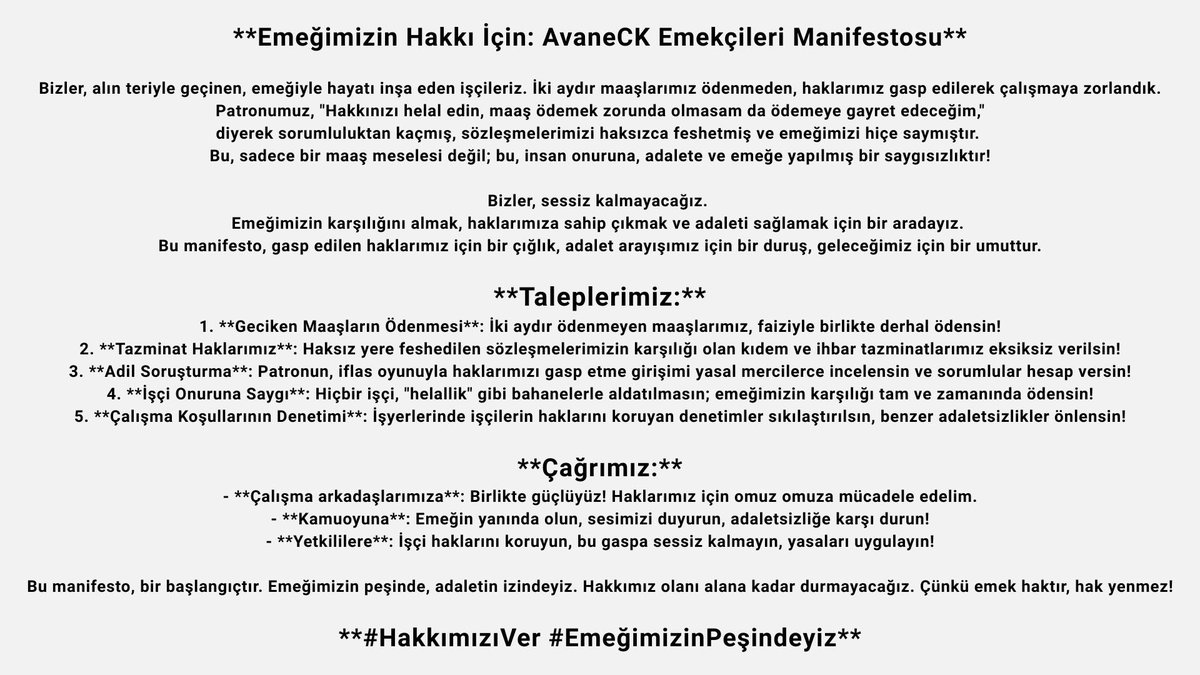 AvaneCK Emekçileri Manifestosu

#hakkımızıver
#ekmeğimizinpeşindeyiz

@ahmetorhon
<a href="/avane_ck/">Avane Cloud Kitchens</a> 
<a href="/cosamutfak/">Çosa - Fast Fresh Healthy</a>