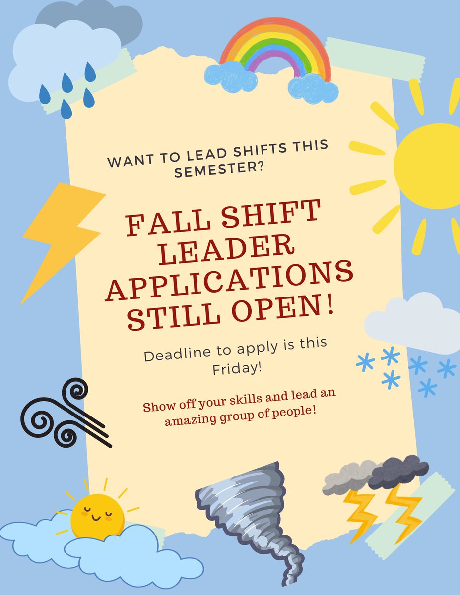 Hey friends! As we begin the next semester, we are looking for Fall Shift Leaders for OWL!

📅 Deadline: Friday, August 15th @ 11:59 PM
🕒 Shifts: Monday–Friday | 6 PM – 8 PM 

🔗 Apply here: docs.google.com/forms/d/e/1FAI…