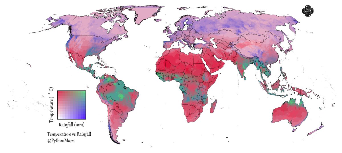 PythonMaps's tweet image. This is a bivariate map showing rainfall vs temperature.