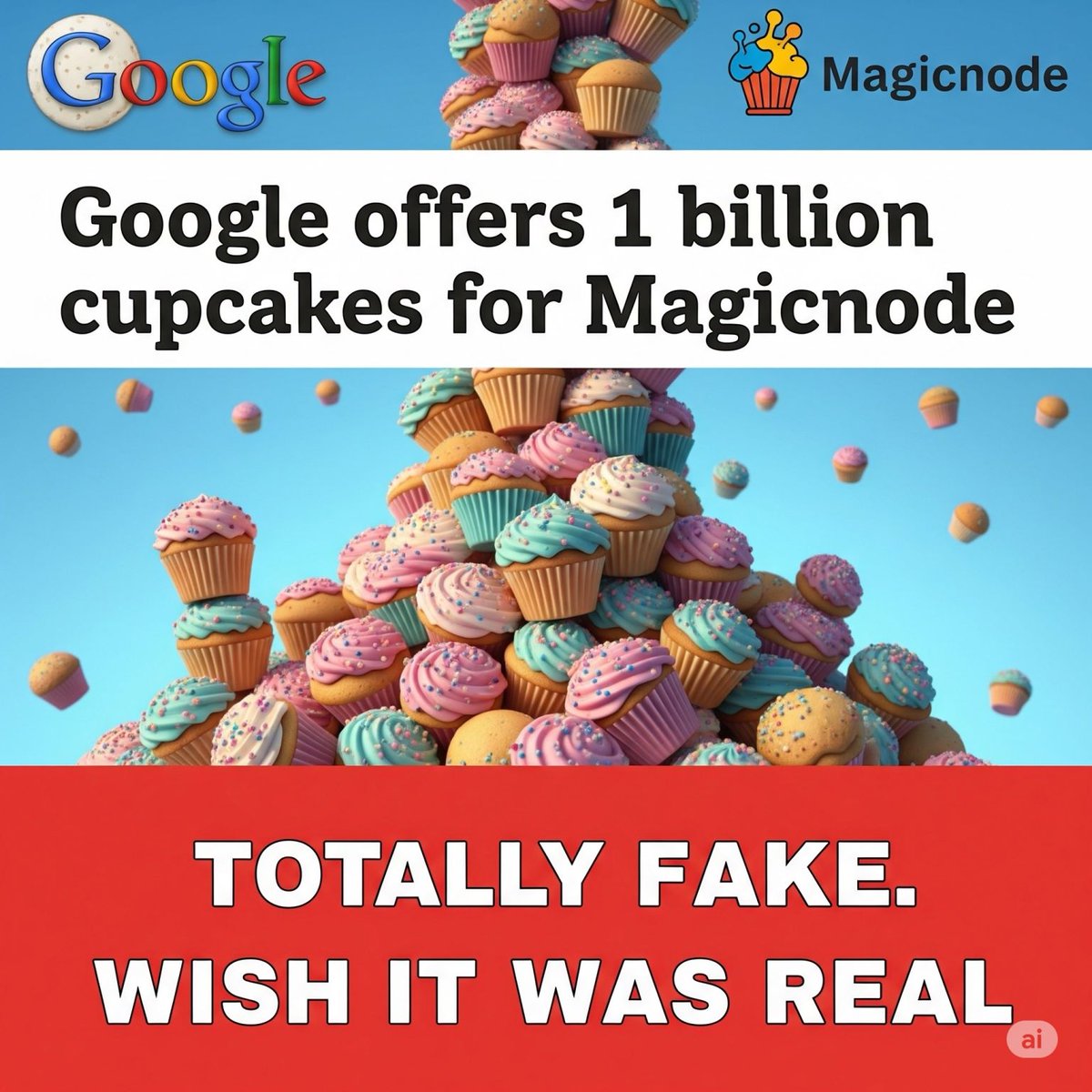 magicnode_ai's tweet photo. Google's Sweet Acquisition Strategy?

In a satirical twist on tech news, a fake report suggests Google is offering 1 billion cupcakes for Magicnode. While we all wish this was a real offer, it's a great reminder of the fun and creativity in the tech world. https://t.co/nK2hFFvOvO