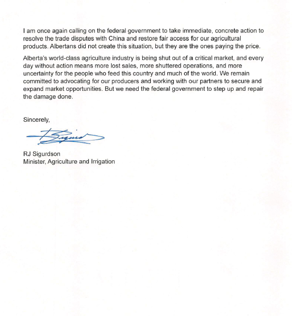 China’s decision to impose a 75.8% tariff on additional Canadian canola products is a devastating blow to Alberta’s agriculture industry.

China is our largest market for canola seed, taking nearly 70% of Alberta’s annual exports, and the world’s largest importer of canola. These