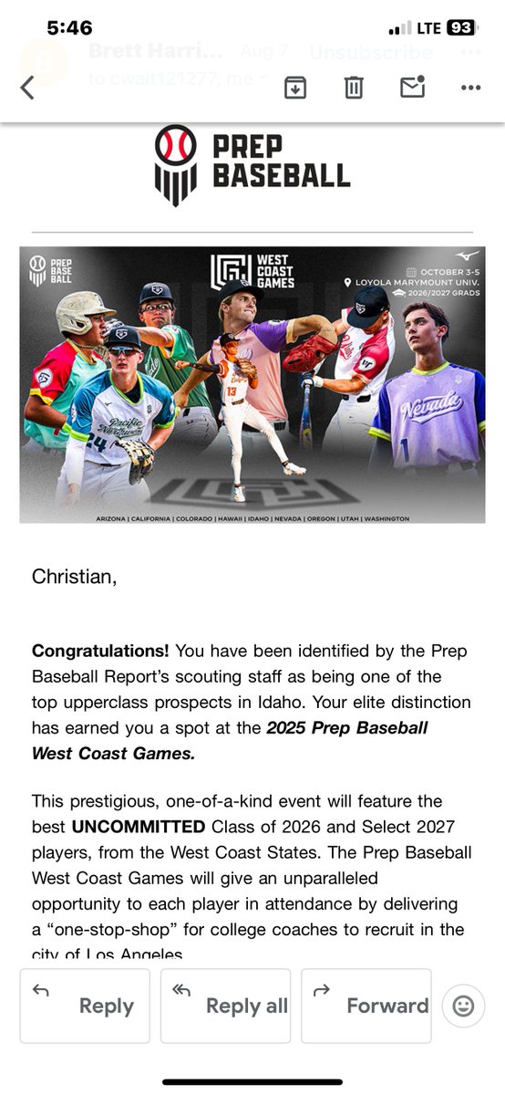 Thank you <a href="/PrepBaseballID/">Prep Baseball Idaho</a> for the invite to the PBR West Coast Games.  Really excited to play.  <a href="/B_HarrisonPBR/">Brett Harrison</a> <a href="/GarethDahlgren_/">Gareth Dahlgren</a>