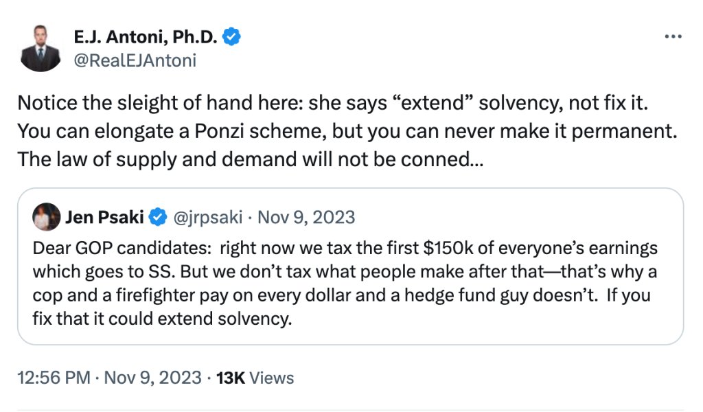 Antoni calling Social Security a “Ponzi scheme” that we “need to sunset.”