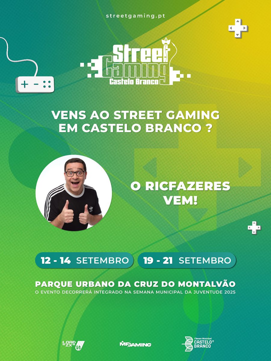 streetgaming.pt (@streetgamingpt) on Twitter photo 📅 SAVE THE DATE 📅 Street Gaming está a caminho de Castelo Branco! 🎯
Prepara-te para dois fins de semana cheios de muita diversão.
🗓 12 a 14 e 19 a 21 de setembro
📍 Castelo Branco
O <a href="/RicFazeres/">RicFazeres</a> vem. E tu?
Mais novidades em breve… mas já sabes: O Gaming sai à rua! 🕹🔥 📅 SAVE THE DATE 📅 Street Gaming está a caminho de Castelo Branco! 🎯
Prepara-te para dois fins de semana cheios de muita diversão.
🗓 12 a 14 e 19 a 21 de setembro
📍 Castelo Branco
O <a href="/RicFazeres/">RicFazeres</a> vem. E tu?
Mais novidades em breve… mas já sabes: O Gaming sai à rua! 🕹🔥